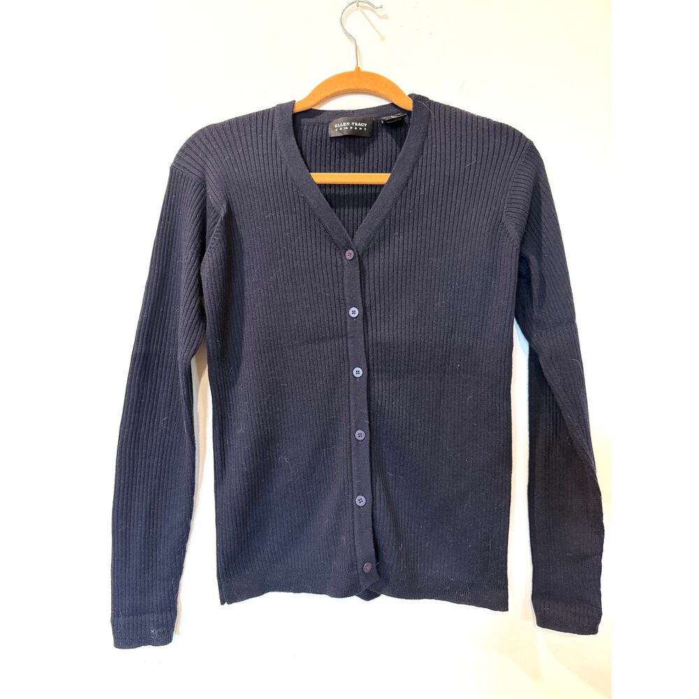 Vtg 90s Ellen Tracy Cotton Wool Large Navy Ribbed Cardigan Sweater Capsule